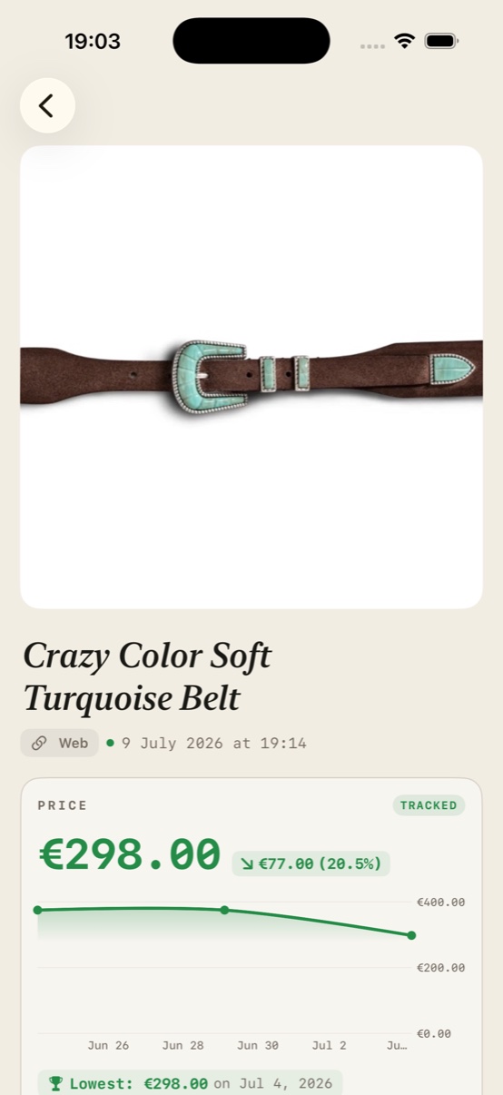 An AdWise product page: the turquoise belt at €298, down €77 (20.5%), marked Tracked, above a price-history chart with its lowest price flagged.