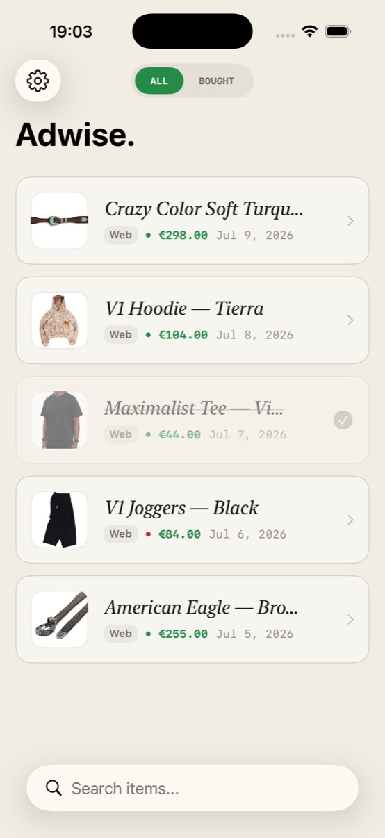 The AdWise library on iPhone: five saved products with live prices — a turquoise belt down to €298, a hoodie, a struck-through tee marked bought, joggers, and a leather belt.